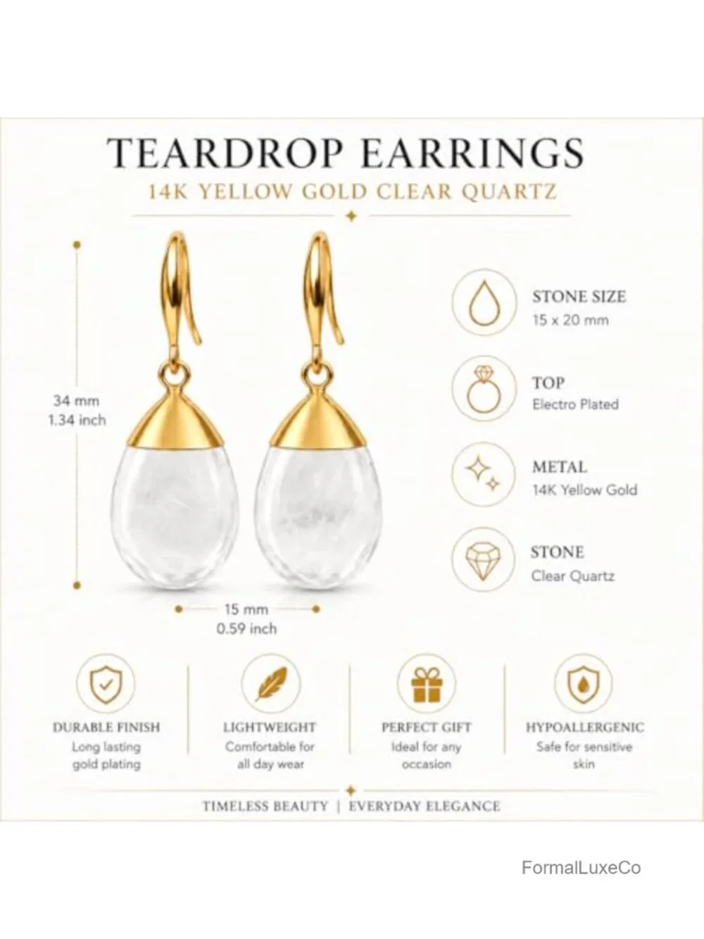 Clear Quartz Teardrop Dangle Earrings, Gold Electroplated, Handmade